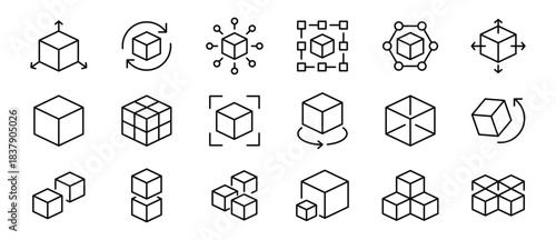 Cube iconset. Module, box, Geometric shape, model, block, product. Outline vector icon in linear style. Blockchain linear icon collection. Cubes with simple outline markings on  transparent background