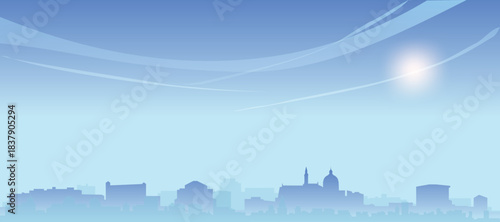 Blue panoramic poster of the city skyline with misty background buildings and clouds of COPENHAGEN, DENMARK