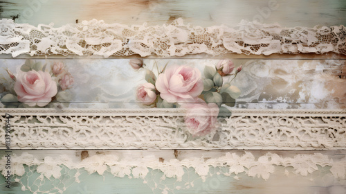 Delicate lace and soft pink roses arranged on a rustic wooden surface, evoking a romantic and vintage aesthetic style