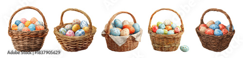 Happy Easter egg hunt collection featuring vintage watercolor baskets. Charming spring set with floral decorations, ideal for festive cards and invitations.
