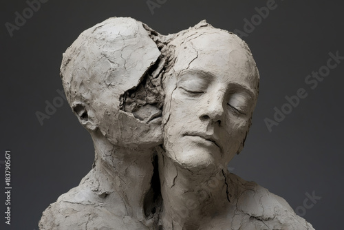 Two clay human sculptures shown in the process of separating from each other, with intricate crack patterns and broken fragments representing psychological detachment.