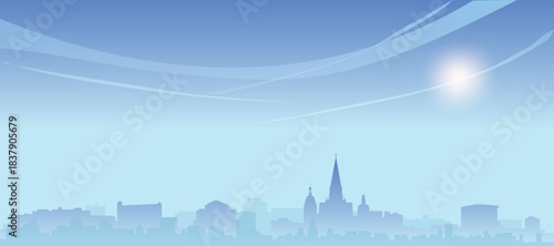Blue panoramic poster of the city skyline with misty background buildings and clouds of STOCKHOLM, SWEDEN
