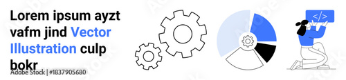 Software development, data visualization, web design, business analysis, programming, statistics. Gears, pie chart and programmer holding a code screen. Software development and data visualization