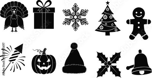 Holiday and Seasonal Silhouette Icons Set, Vector Black Festive Symbols Including Christmas Tree, Gingerbread, Snowflake, Turkey, Pumpkin, Firework, Gift, Hat, Holly, Bell