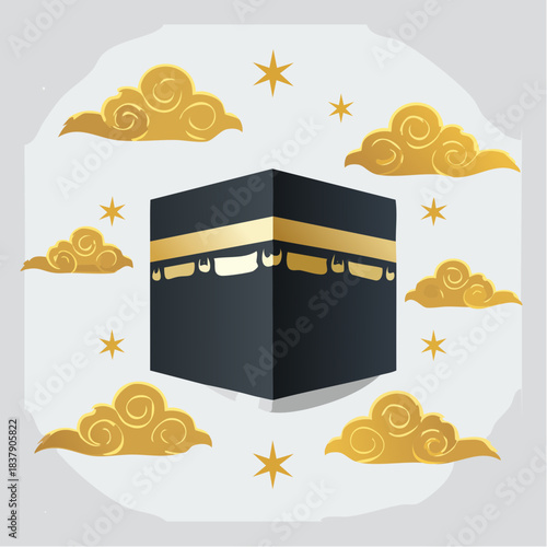 Kaaba silhouette icons paired with minimalist clouds and stars