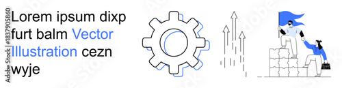 Business development, teamwork, progress, strategic planning, innovation, leadership. A gear, a team climbing blocks and arrows rising. Business development and teamwork illustrated