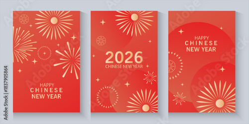 set of Chinese New Year 2026 poster ,cards, banner hongbao red envelope design vector. Luxury card template design with frame, lantern, cloud, flower in gold line art. Oriental illustration for cover,