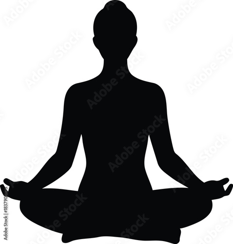 Black silhouette of a person sitting in a peaceful lotus meditation pose, a vector icon isolated on white background