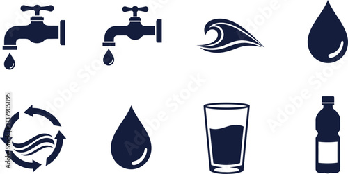 Collection of thin line icons representing plumbing and water supply elements, including pipes, joints, valves, faucets, a pressure gauge, water drops, and a wrench, all on a clean white background