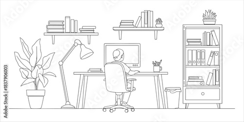 workspace, home office, remote work, work from home, desk, computer, monitor, office chair, bookshelf, indoor plant, office supplies, office lamp, office shelf, employee, study space, desk setup, offi