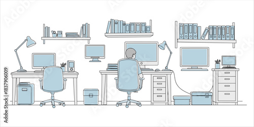 Illustration of modern workspace with desks, monitors, lamps, shelves, and office equipment
