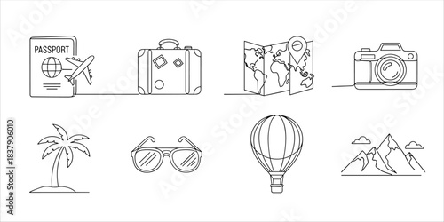 travel, vacation, tourism, adventure, trip, passport, map, camera, suitcase, airplane, mountain, palm, balloon, hiking, sightseeing, tour, beach, journey, holiday, travel icons, travel line art, one 