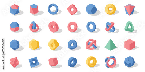 3D abstract geometric shapes in pastel colors. Minimal design objects with flat isometric style

