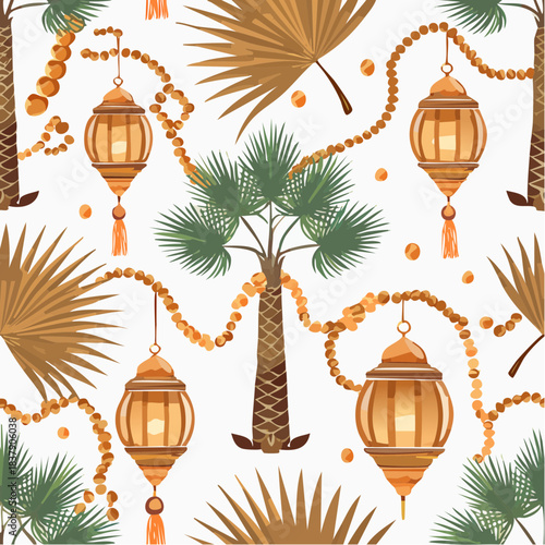 Seamless iconic pattern of date palms, prayer beads, and lanterns