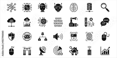 Flat AI and tech icons: machine learning, automation, neural network, robotics, IoT, data
