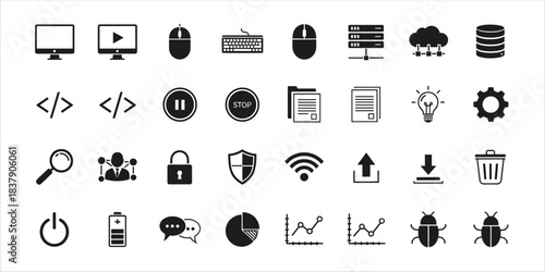 Flat tech icons: coding, server, cloud, data, upload, bug, chart, lock, wifi, keyboard
