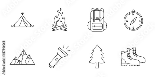 Outline camping icons: tent, fire, backpack, compass, flashlight, boots, mountain, tree
