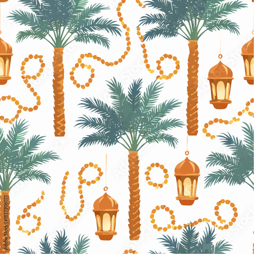 Seamless iconic pattern of date palms, prayer beads, and lanterns