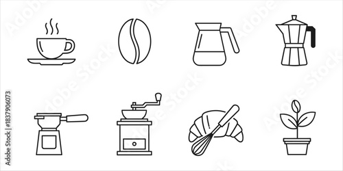 Set of coffee and breakfast outline icons: cup, beans, grinder, moka pot, croissant, cezve
