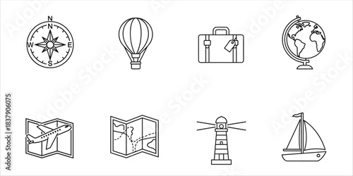 Set of travel and navigation icons: map, compass, globe, suitcase, boat, plane. Outline style
