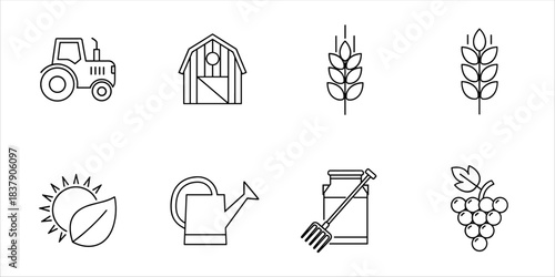 Farm and agriculture icons: tractor, barn, crop, sun, grapes, watering can, eco tools
