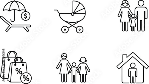 Collection of lifestyle vector icons representing family, travel, shopping, and home isolated on white background