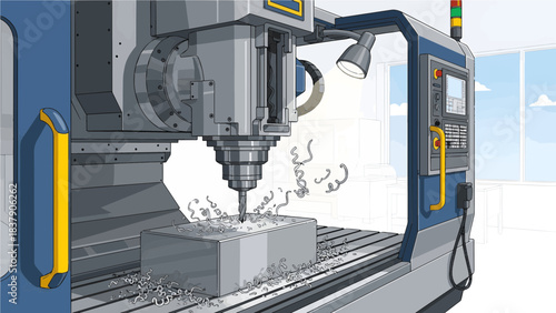 Industrial CNC Milling Machine Manufacturing Metal Part with Chips