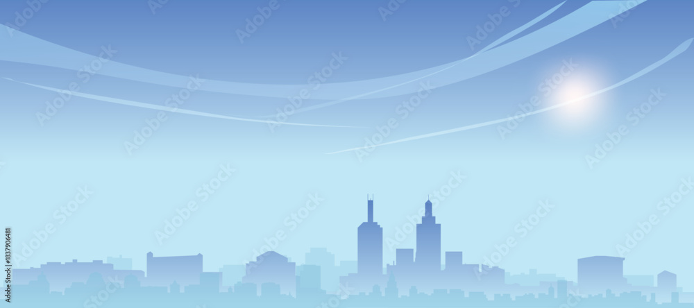 Obraz premium Blue panoramic poster of the city skyline with misty background buildings and clouds of MELBOURNE, AUSTRALIA