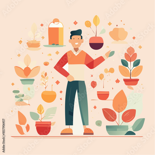 A stylized illustration of a man surrounded by various potted plants and gardening elements, depicting a love for nature and horticulture.