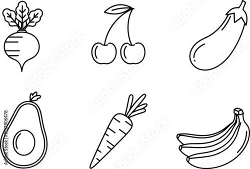 Collection of six outline vector food icons including beetroot cherries eggplant avocado carrot bananas isolated on white background