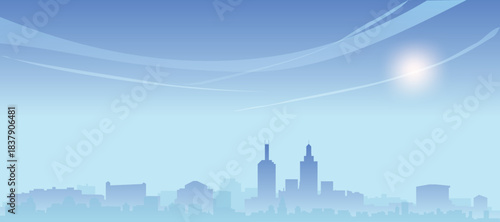 Blue panoramic poster of the city skyline with misty background buildings and clouds of MELBOURNE, AUSTRALIA