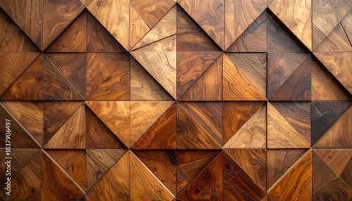 A geometric wooden wall composed of square tiles, each split into two triangles with varied grain and tone, forming a textured grid pattern ideal for architectural design and interior styling.
