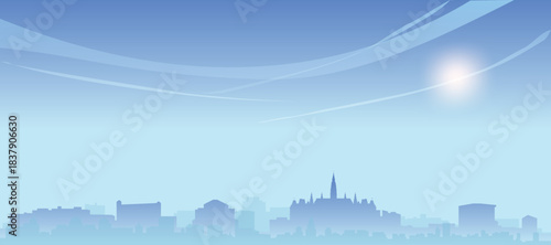 Blue panoramic poster of the city skyline with misty background buildings and clouds of VIENNA, AUSTRIA