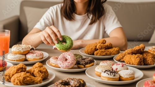 Person choosing donut amidst a table overloaded with fried chicken and donuts