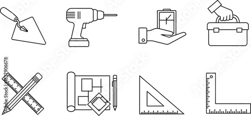 Essential construction and building tools vector line art icons featuring various equipment and measuring instruments isolated on white background
