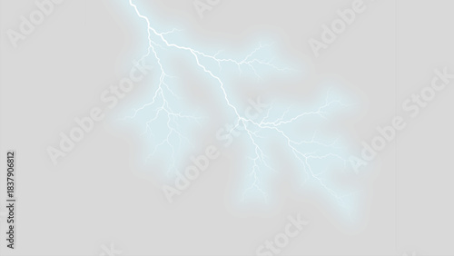 Electric blue lightning strike isolated on white background, bright energy discharge effect