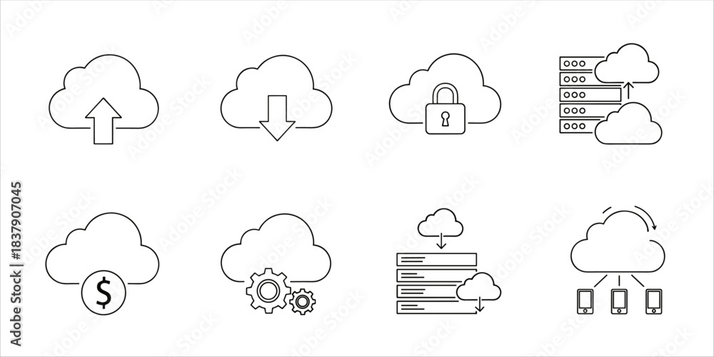 Obraz premium Cloud computing icons: upload, download, security, server, sync, settings, finance, network 