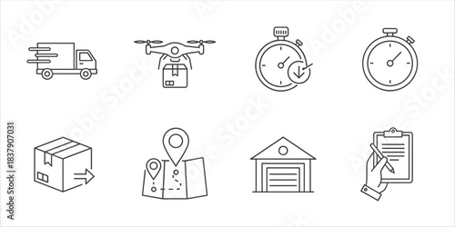 Logistics and delivery icon set: truck, drone, stopwatch, map, package, location, warehouse
