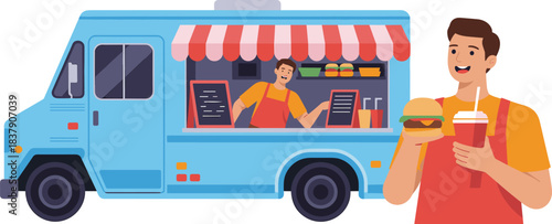 Cheerful Fast Food Truck Business Vector Illustration, Featuring a Vendor Serving a Customer Holding a Burger and Soda, Highlighting Mobile Catering and Street Food.