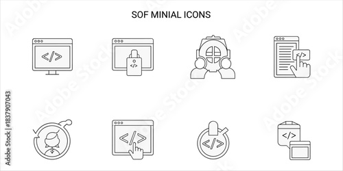 Minimal coding and software development icons: secure code, UX, mobile, desktop, debugging
