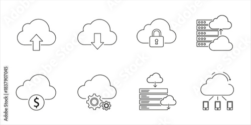 Cloud computing icons: upload, download, security, server, sync, settings, finance, network
