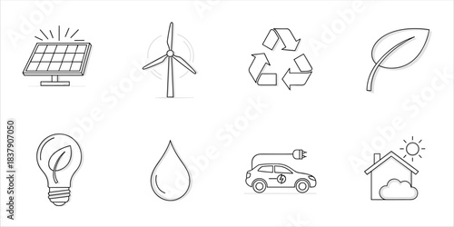 Eco and renewable energy icons: solar panel, wind turbine, recycle, leaf, car, drop, bulb
