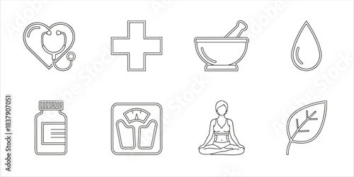 Health and wellness icons including stethoscope, cross, yoga, scale, vitamins, leaf, drop
