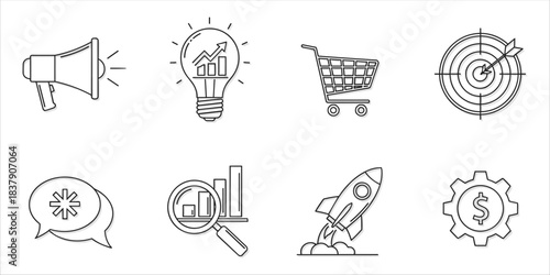 Marketing and startup icons set with growth, launch, data, e-commerce, and business strategy

