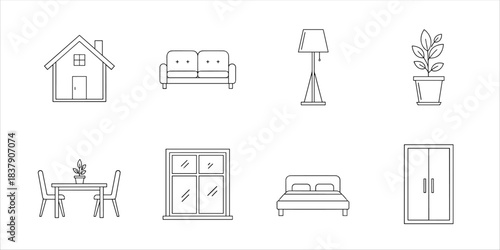 Set of home interior line icons: sofa, bed, lamp, wardrobe, window, plant, house, table
