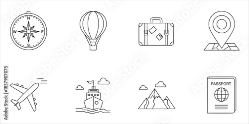 Travel and tourism line icons: airplane, map, ship, luggage, compass, passport, mountain
