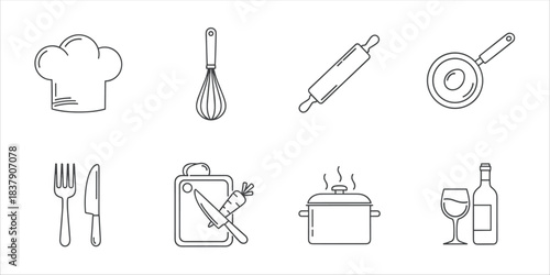 Line icons set of kitchen tools: pot, pan, knife, whisk, rolling pin, chef hat, wine glass

