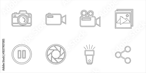 Line icons of photo and video tools: camera, lens, flash, play, pause, share, gallery

