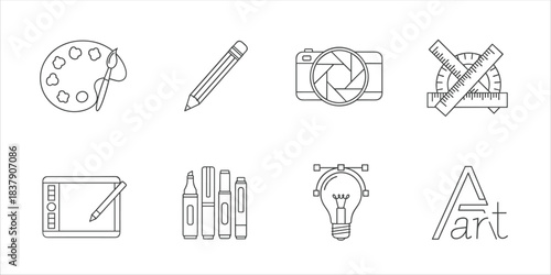 Line art icons of creative tools: palette, pencil, camera, markers, tablet, idea, lettering
