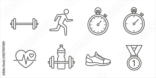Fitness line icons set with gym, running, heart, stopwatch, sneakers, dumbbells, and medal
